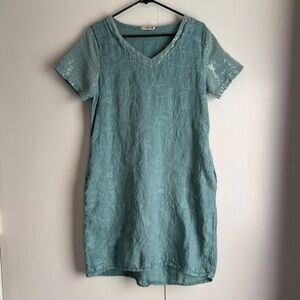 Lungo L’Arno Made in Italy 100% Linen Teal Embroidered Dress Women’s Size Large